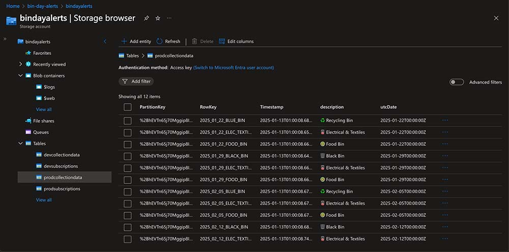 Image showing bin collection data in Azure table storage.