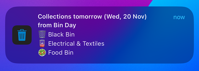 Push notification showing the details of an upcoming bin collection.