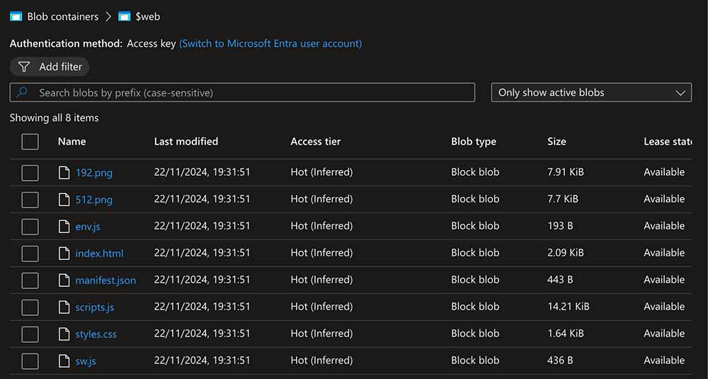 Image showing static files for a website hosted in Azure Storage.