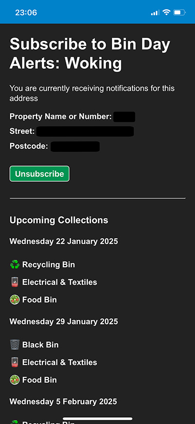 Image showing my Woking Bin App interface once a user has subscribed.